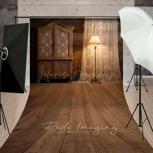 Lofaris Rustic Cabin Interior Sweep Photography Backdrop with Wood Floor Vintage Armoire Moody Farmhouse Studio Photo Prop