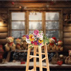 Lofaris Rustic Cabin Window Christmas Backdrop Teddy Bear Snow View Background Wooden House Winter Holiday Party Decoration