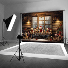 Lofaris Rustic Cabin Window Christmas Backdrop Teddy Bear Snow View Background Wooden House Winter Holiday Party Decoration