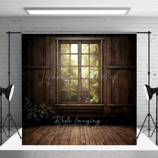 Lofaris Rustic Cabin Window Photography Backdrop Enchanted Forest and Sunlight View Moody Woodland Indoor Studio Prop