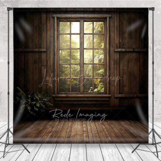 Lofaris Rustic Cabin Window Photography Backdrop Enchanted Forest and Sunlight View Moody Woodland Indoor Studio Prop