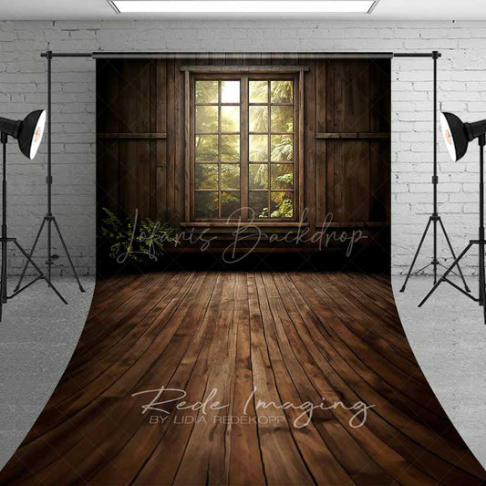Lofaris Rustic Cabin Window Sweep Photography Backdrop with Wood Floor Forest Sunlight View Moody Woodland Studio Photo Prop