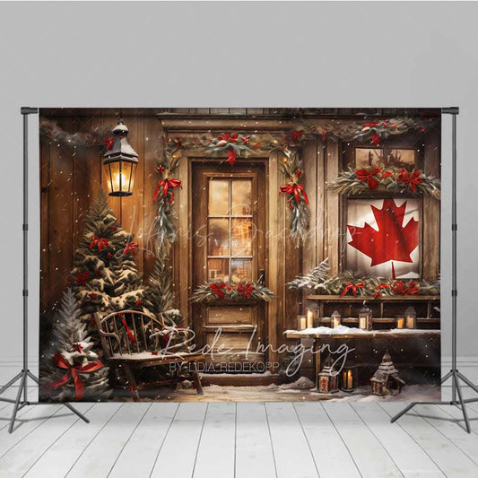 Lofaris Rustic Canadian Christmas Photography Backdrop Wood Cabin with Maple Leaf Flag Snowy Winter Holiday Photo Prop