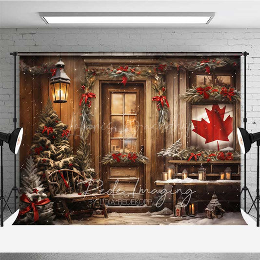 Lofaris Rustic Canadian Christmas Photography Backdrop Wood Cabin with Maple Leaf Flag Snowy Winter Holiday Photo Prop
