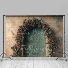 Lofaris Rustic Christmas Arch Backdrop Red Berry Garland Grunge Wall Vintage Doorway Photo Background