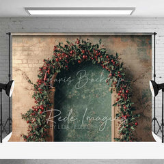 Lofaris Rustic Christmas Arch Backdrop Red Berry Garland Grunge Wall Vintage Doorway Photo Background