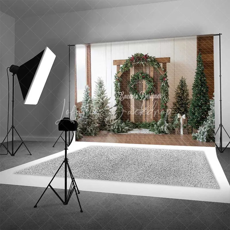 Lofaris Rustic Christmas Barn Backdrop Winter Greenery Arch Wood Door Photography Background