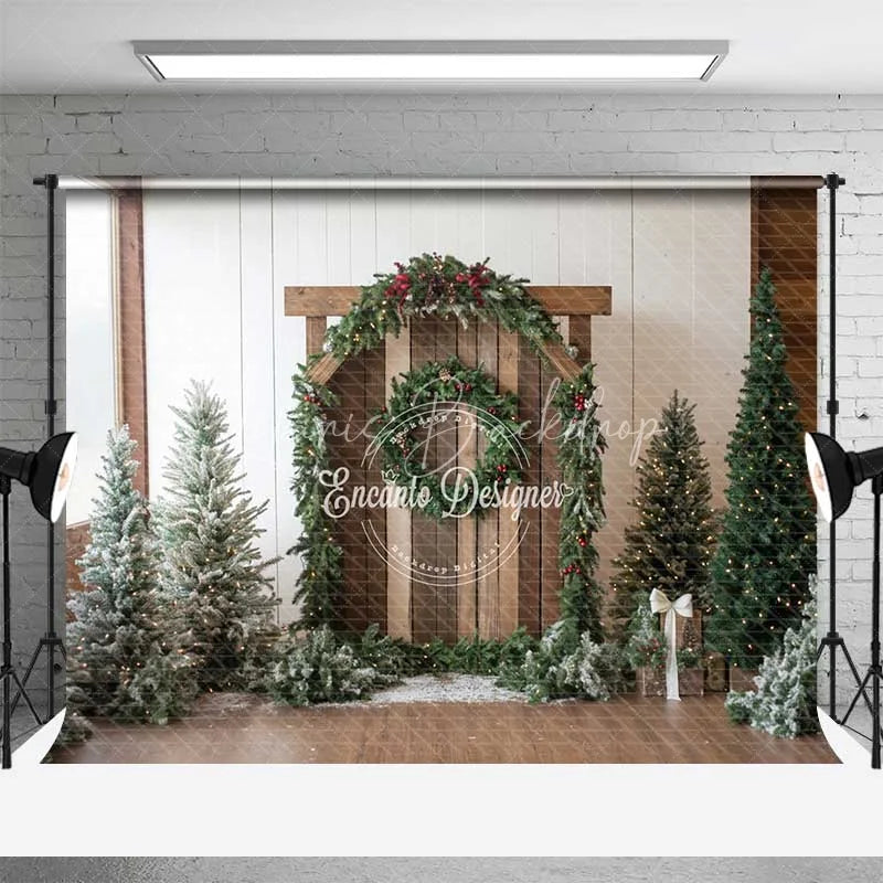 Lofaris Rustic Christmas Barn Backdrop Winter Greenery Arch Wood Door Photography Background