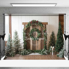 Lofaris Rustic Christmas Barn Backdrop Winter Greenery Arch Wood Door Photography Background
