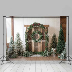 Lofaris Rustic Christmas Barn Backdrop Winter Greenery Arch Wood Door Photography Background