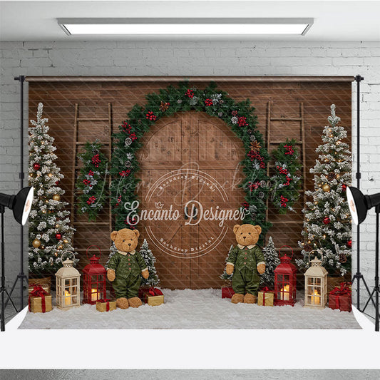 Lofaris Rustic Christmas Barn Door Photography Backdrop Flocked Trees and Teddy Bears Farmhouse Holiday Mini Sessions