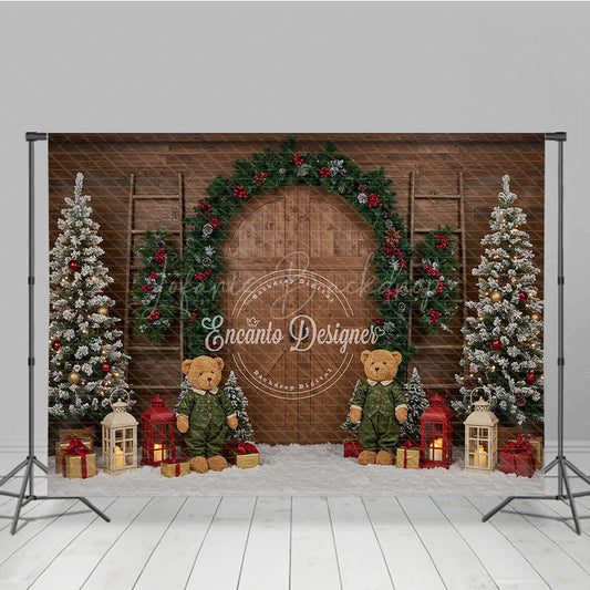 Lofaris Rustic Christmas Barn Door Photography Backdrop Flocked Trees and Teddy Bears Farmhouse Holiday Mini Sessions
