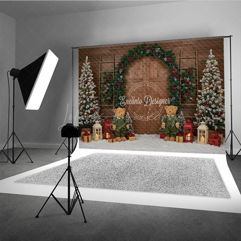 Lofaris Rustic Christmas Barn Door Photography Backdrop Flocked Trees and Teddy Bears Farmhouse Holiday Mini Sessions