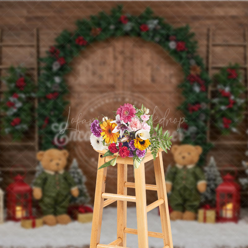 Lofaris Rustic Christmas Barn Door Photography Backdrop Flocked Trees and Teddy Bears Farmhouse Holiday Mini Sessions