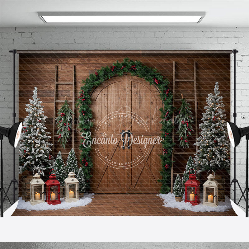 Lofaris Rustic Christmas Barn Door Photography Backdrop Flocked Trees in Snow Farmhouse Holiday Photo Background