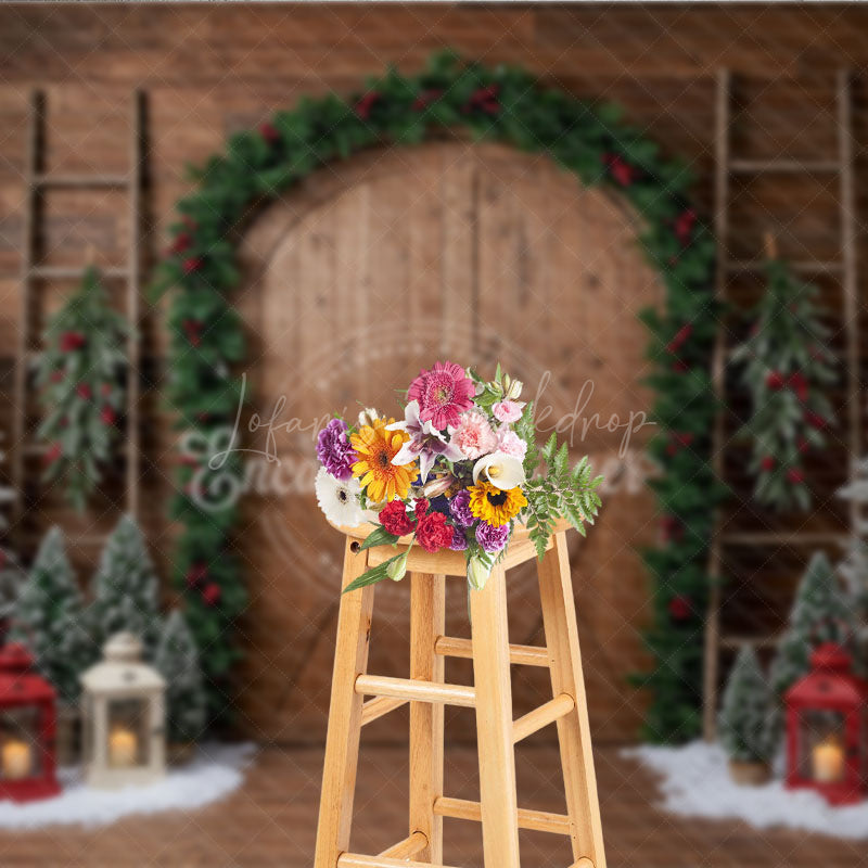 Lofaris Rustic Christmas Barn Door Photography Backdrop Flocked Trees in Snow Farmhouse Holiday Photo Background