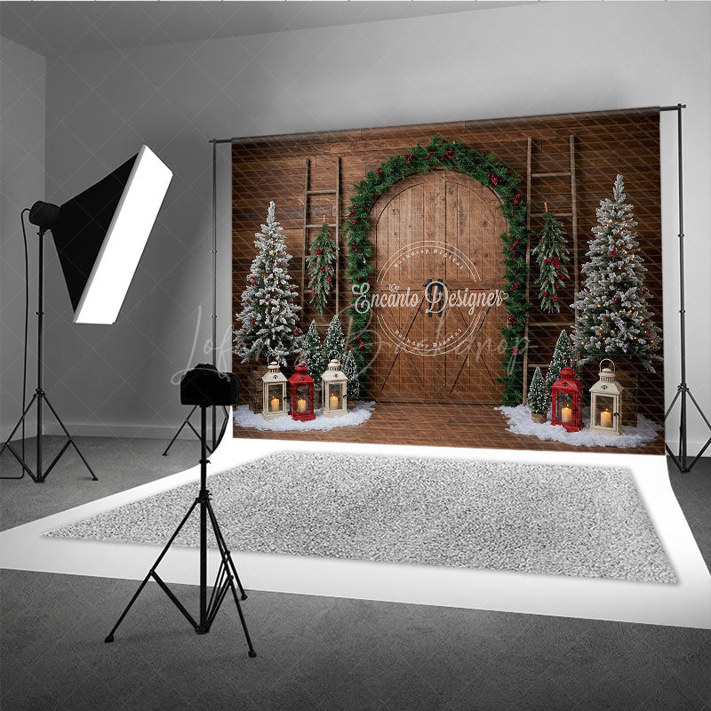Lofaris Rustic Christmas Barn Door Photography Backdrop Flocked Trees in Snow Farmhouse Holiday Photo Background