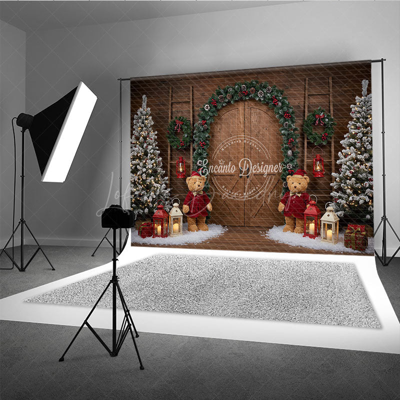 Lofaris Rustic Christmas Barn Door Photography Backdrop Flocked Trees with Teddy Bears Farmhouse Holiday Background