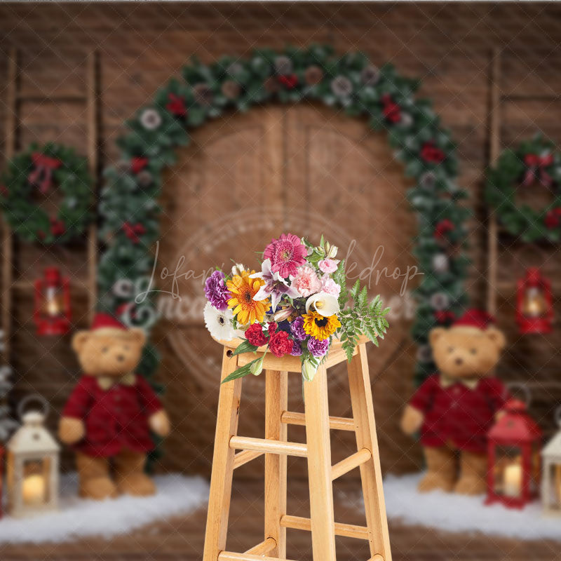 Lofaris Rustic Christmas Barn Door Photography Backdrop Flocked Trees with Teddy Bears Farmhouse Holiday Background