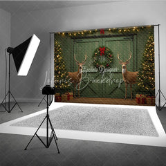 Lofaris Rustic Christmas Barn Door Photography Backdrop Green with Reindeer Farmhouse Holiday Photo Background