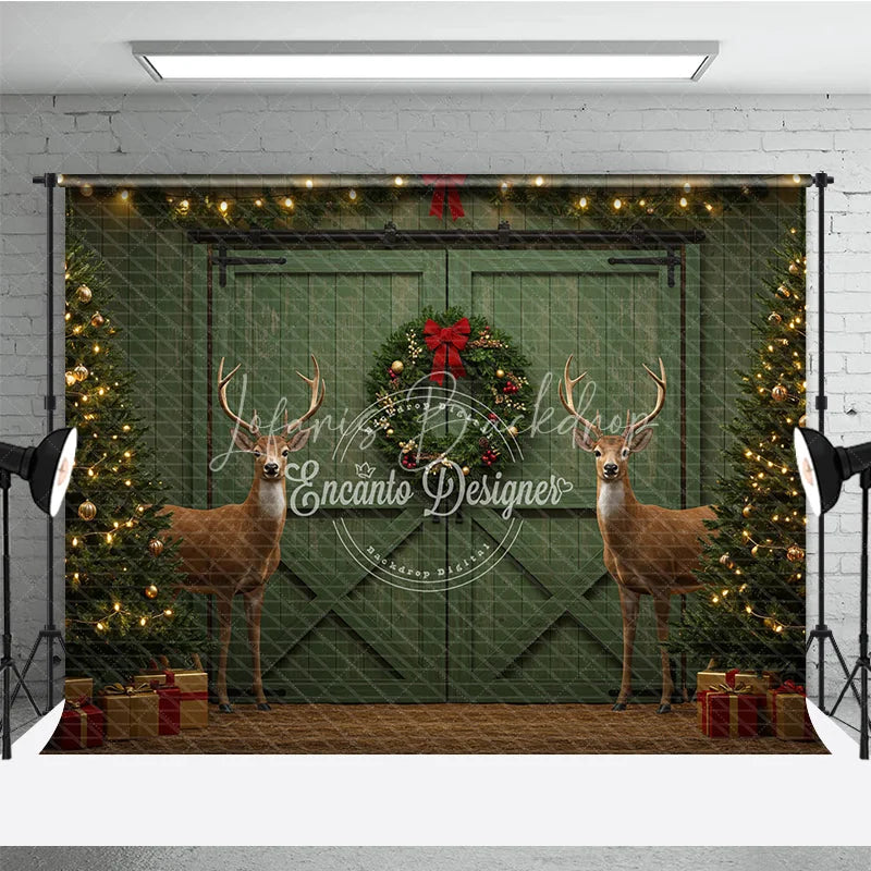 Lofaris Rustic Christmas Barn Door Photography Backdrop Green with Reindeer Farmhouse Holiday Photo Background