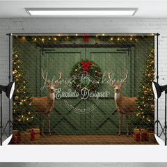 Lofaris Rustic Christmas Barn Door Photography Backdrop Green with Reindeer Farmhouse Holiday Photo Background