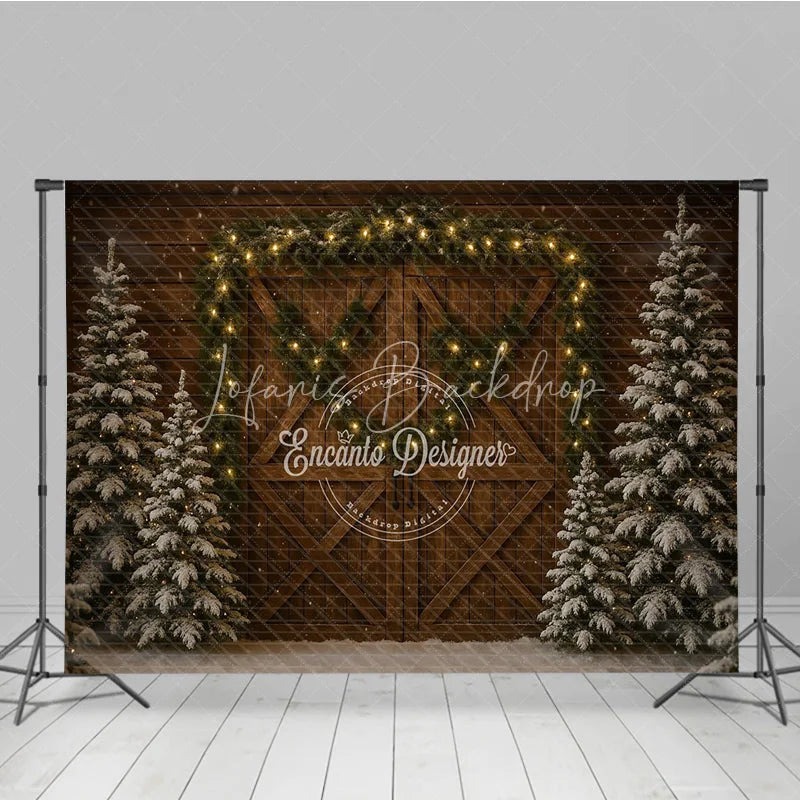 Lofaris Rustic Christmas Barn Door Photography Backdrop Snowy Trees with Garland and String Lights Holiday Background