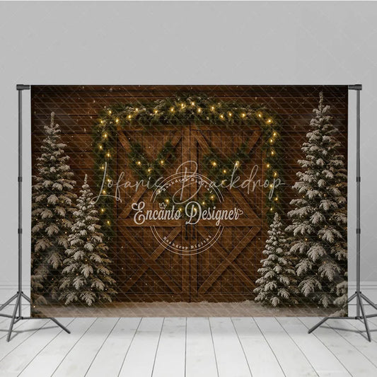 Lofaris Rustic Christmas Barn Door Photography Backdrop Snowy Trees with Garland and String Lights Holiday Background