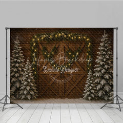 Lofaris Rustic Christmas Barn Door Photography Backdrop Snowy Trees with Garland and String Lights Holiday Background