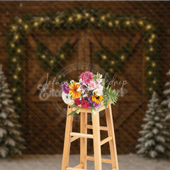 Lofaris Rustic Christmas Barn Door Photography Backdrop Snowy Trees with Garland and String Lights Holiday Background