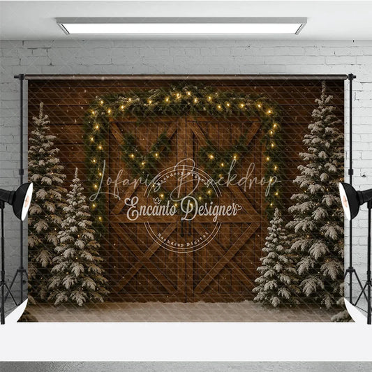 Lofaris Rustic Christmas Barn Door Photography Backdrop Snowy Trees with Garland and String Lights Holiday Background
