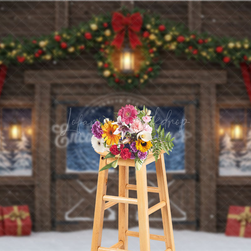 Lofaris Rustic Christmas Barn Photography Backdrop Snowy Windows with Garland Farmhouse Holiday Photo Background