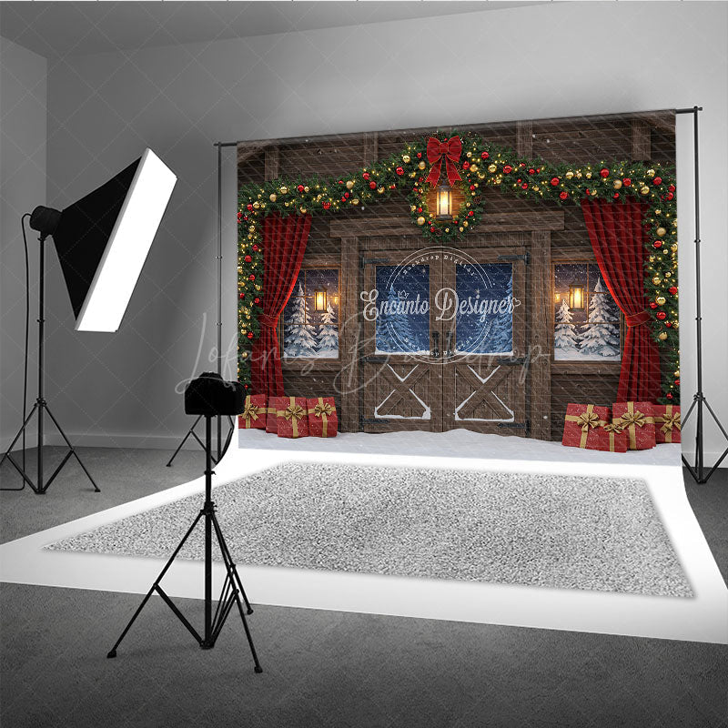 Lofaris Rustic Christmas Barn Photography Backdrop Snowy Windows with Garland Farmhouse Holiday Photo Background