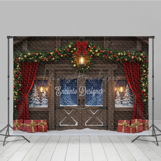 Lofaris Rustic Christmas Barn Photography Backdrop Snowy Windows with Garland Farmhouse Holiday Photo Background