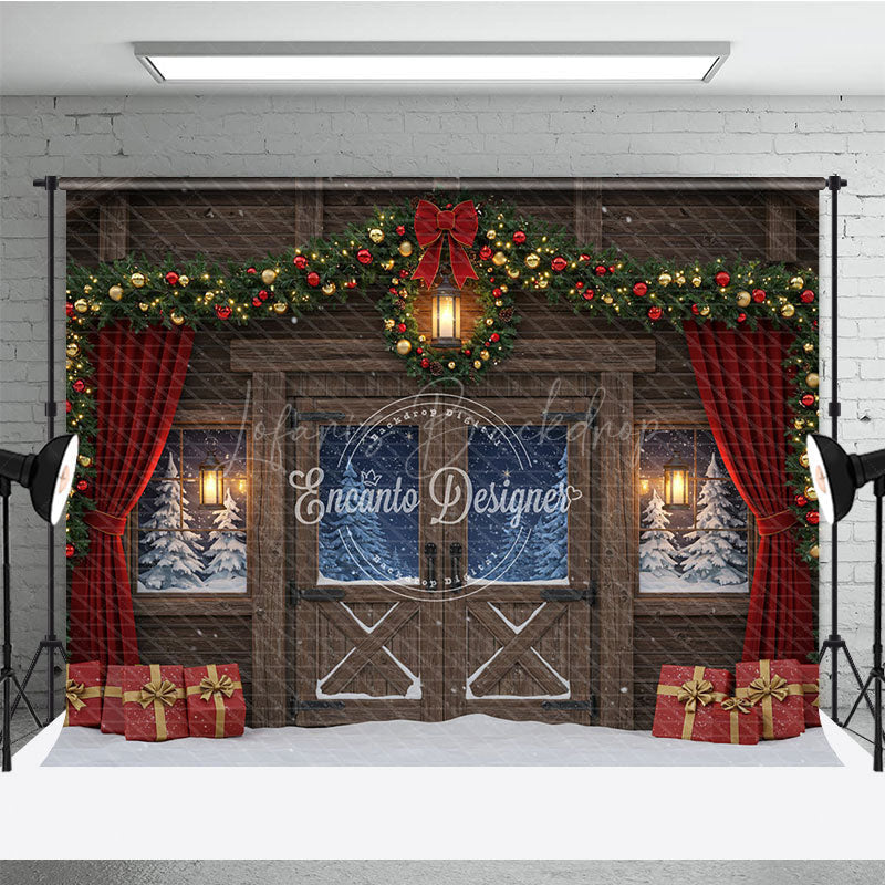 Lofaris Rustic Christmas Barn Photography Backdrop Snowy Windows with Garland Farmhouse Holiday Photo Background