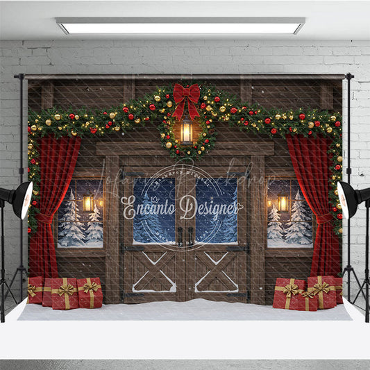 Lofaris Rustic Christmas Barn Photography Backdrop Snowy Windows with Garland Farmhouse Holiday Photo Background