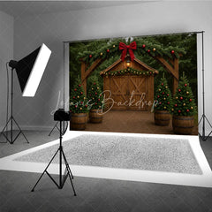 Lofaris Rustic Christmas Barn Photography Backdrop Wood Arch with Trees and Garland Farmhouse Holiday Photo Background