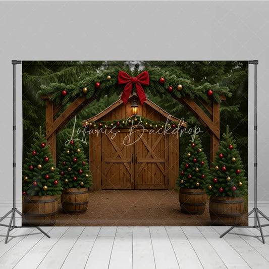 Lofaris Rustic Christmas Barn Photography Backdrop Wood Arch with Trees and Garland Farmhouse Holiday Photo Background
