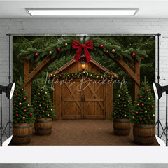 Lofaris Rustic Christmas Barn Photography Backdrop Wood Arch with Trees and Garland Farmhouse Holiday Photo Background