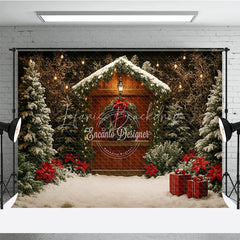 Lofaris Rustic Christmas Cabin Photography Backdrop Wood Barn in the Snow with Poinsettias Holiday Photo Background
