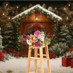 Lofaris Rustic Christmas Cabin Photography Backdrop Wood Barn in the Snow with Poinsettias Holiday Photo Background