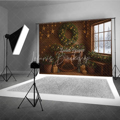 Lofaris Rustic Christmas Cabin Photography Backdrop Wood Wall with Rocking Horse Snowy Window Holiday Background