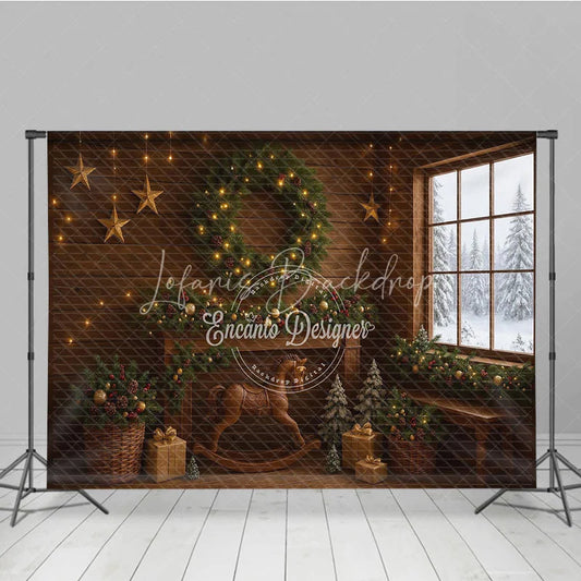 Lofaris Rustic Christmas Cabin Photography Backdrop Wood Wall with Rocking Horse Snowy Window Holiday Background