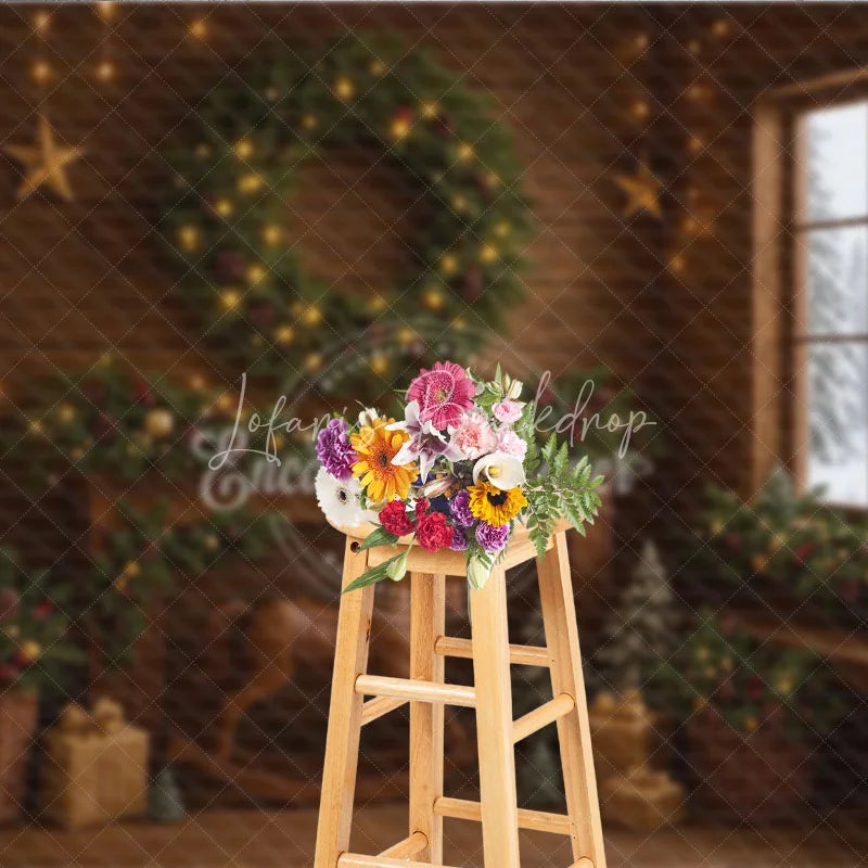 Lofaris Rustic Christmas Cabin Photography Backdrop Wood Wall with Rocking Horse Snowy Window Holiday Background
