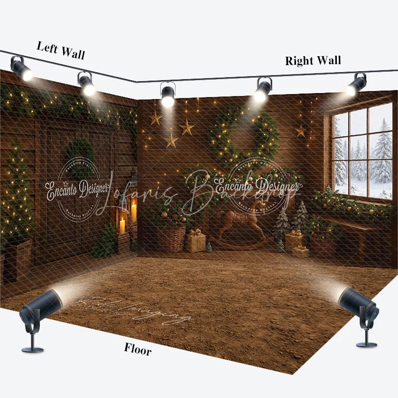 Lofaris Rustic Christmas Cabin Room Set Backdrop Wood Walls with Rocking Horse and Snowy Window Holiday Photo Studio