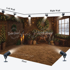 Lofaris Rustic Christmas Cabin Room Set Backdrop Wood Walls with Rocking Horse and Snowy Window Holiday Photo Studio