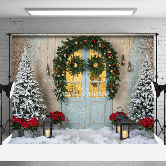 Lofaris Rustic Christmas Door Photography Backdrop Blue in Snow with Garland Winter Holiday Photo Background