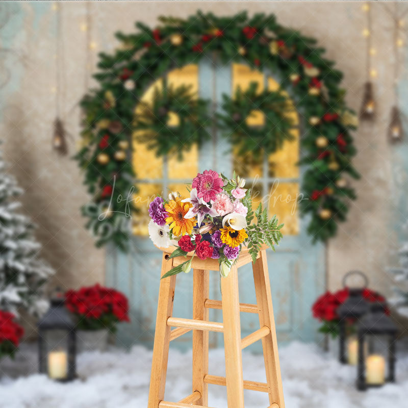 Lofaris Rustic Christmas Door Photography Backdrop Blue in Snow with Garland Winter Holiday Photo Background