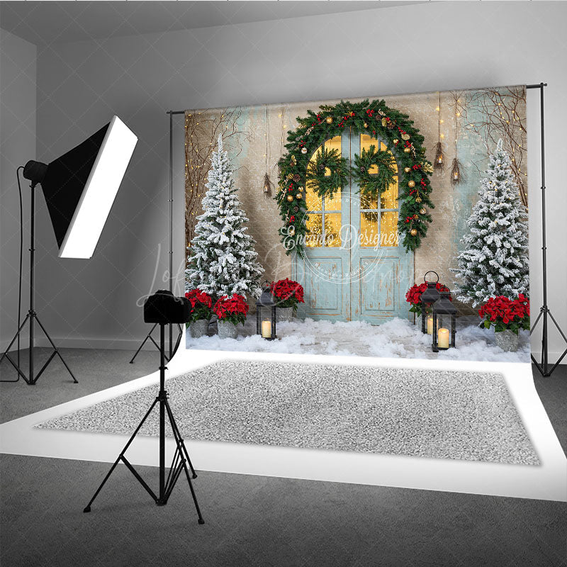 Lofaris Rustic Christmas Door Photography Backdrop Blue in Snow with Garland Winter Holiday Photo Background