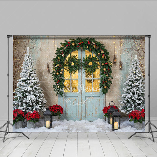 Lofaris Rustic Christmas Door Photography Backdrop Blue in Snow with Garland Winter Holiday Photo Background
